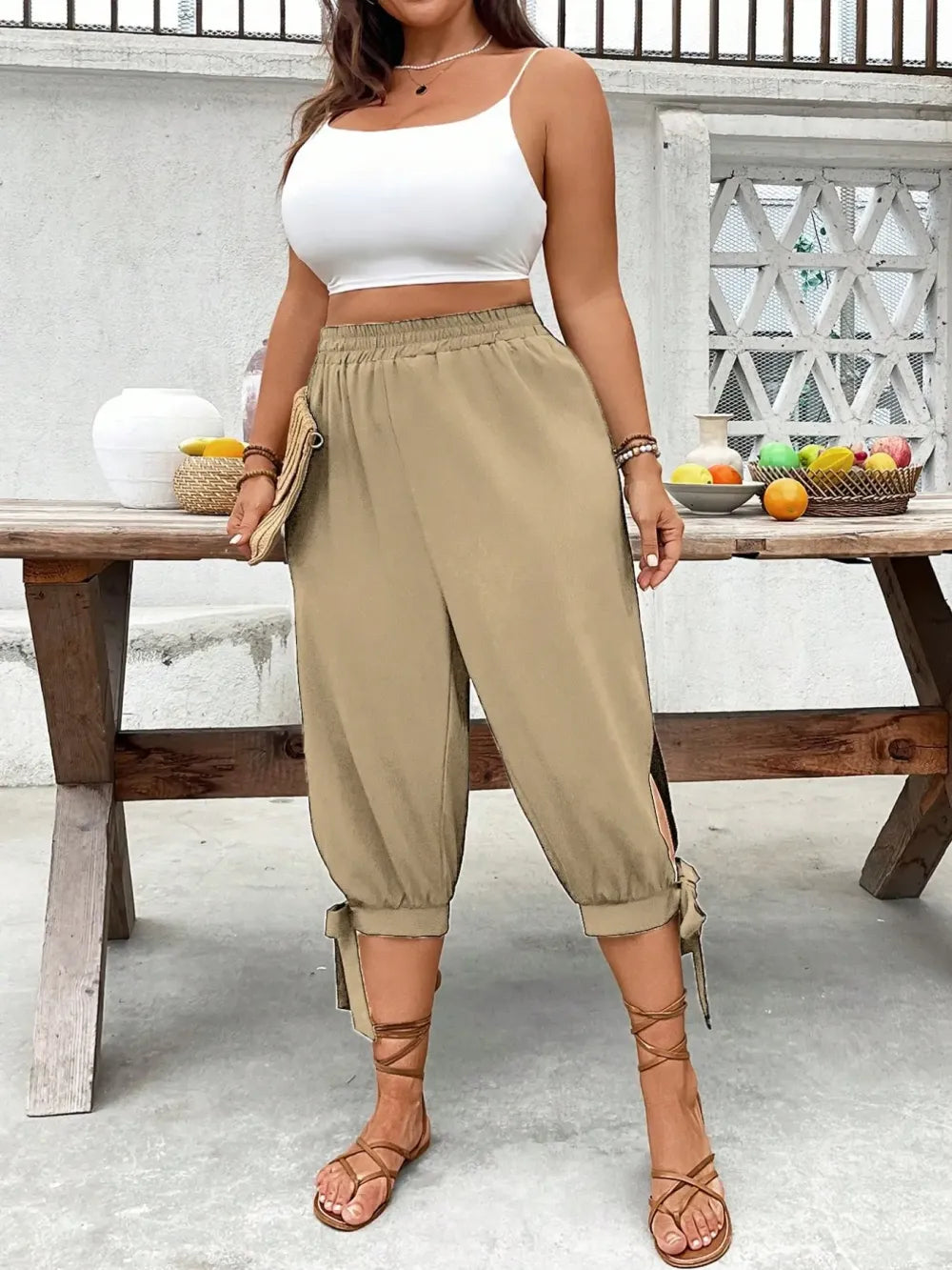⏰Last day promotion！Casual Plus Size Plain Capri Pants Elastic Waist Trousers with Side Slit