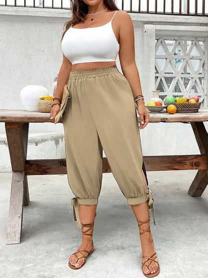 ⏰Last day promotion！Casual Plus Size Plain Capri Pants Elastic Waist Trousers with Side Slit