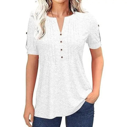 🔥Women’s V Neck T Shirt – Casual Pleated Button Top, Loose Fit Short