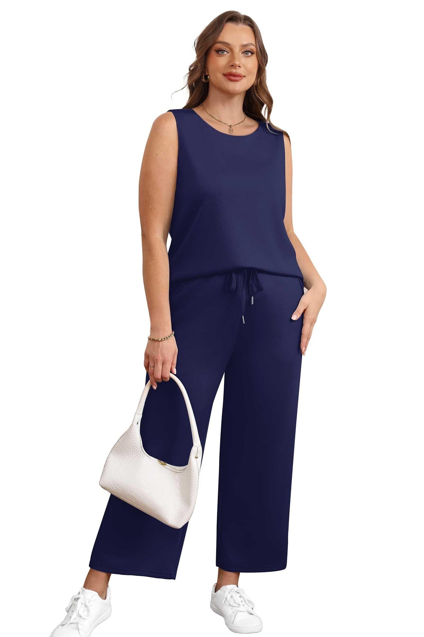 Two Piece Sets for Women Spring/Summer Lounge Sets-Crew neck sleeveless tops with wide leg crop pants