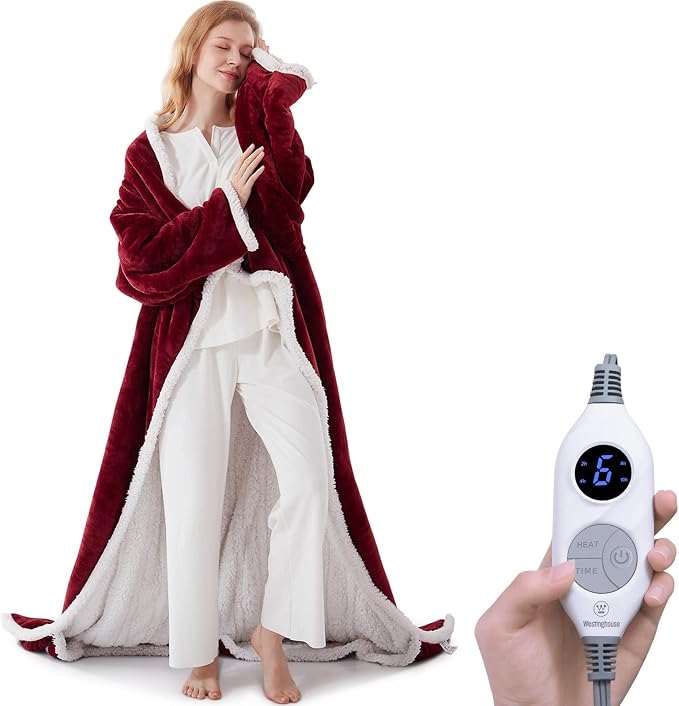 🔥 Wearable Heated Sherpa Blanket with Foot Pocket – Cozy Warmth & Auto Shut-Off
