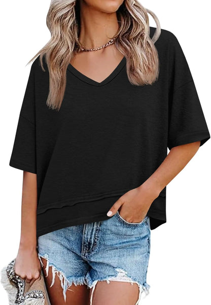 Cicy Bell Womens Summer V Neck T Shirts Loose Fit Oversized Casual Tops | Short sleeve, Spliced hem, Flowy graphic tees,Solid color & Striped print &Polka dot cute basic t-shirts
