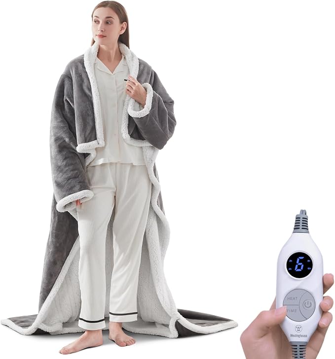🔥 Wearable Heated Sherpa Blanket with Foot Pocket – Cozy Warmth & Auto Shut-Off