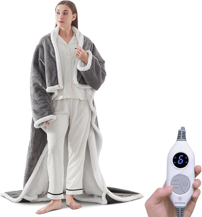 🔥 Wearable Heated Sherpa Blanket with Foot Pocket – Cozy Warmth & Auto Shut-Off