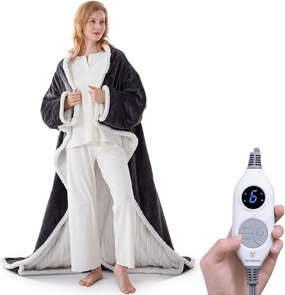 🔥 Wearable Heated Sherpa Blanket with Foot Pocket – Cozy Warmth & Auto Shut-Off