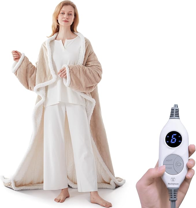 🔥 Wearable Heated Sherpa Blanket with Foot Pocket – Cozy Warmth & Auto Shut-Off