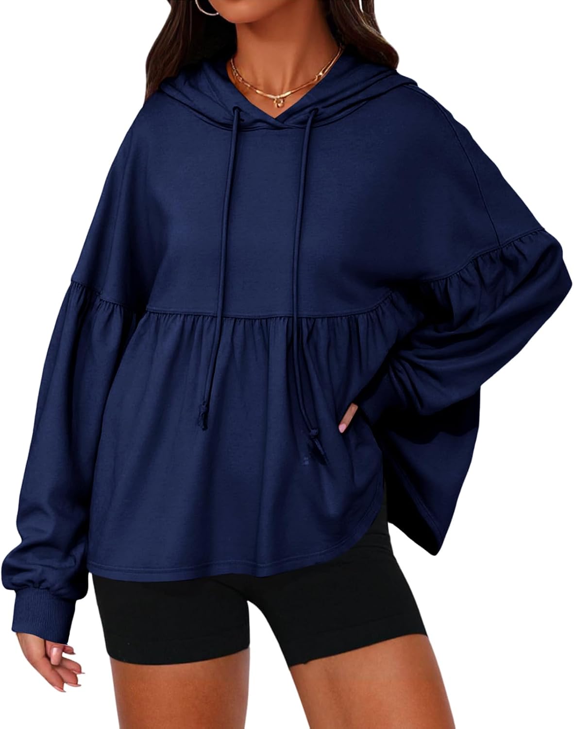 Womens Oversized Hoodies Sweatshirts Casual Lantern Long Sleeve Drawstring Peplum Hem Loose Hooded Pullover Tops