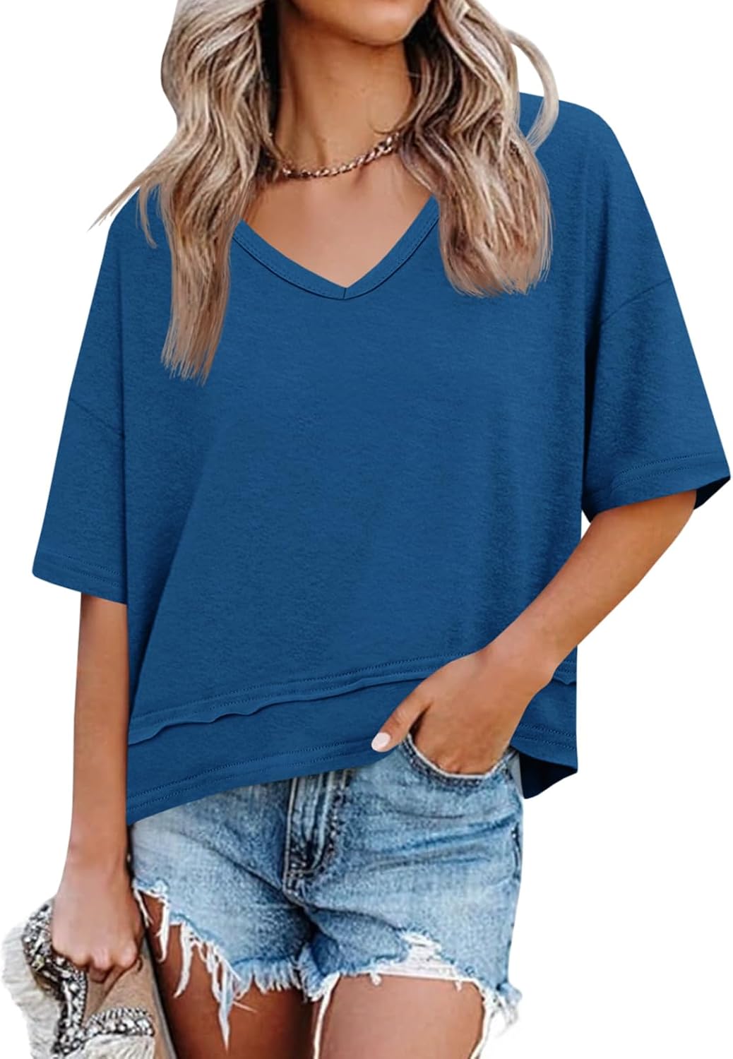 Cicy Bell Womens Summer V Neck T Shirts Loose Fit Oversized Casual Tops | Short sleeve, Spliced hem, Flowy graphic tees,Solid color & Striped print &Polka dot cute basic t-shirts
