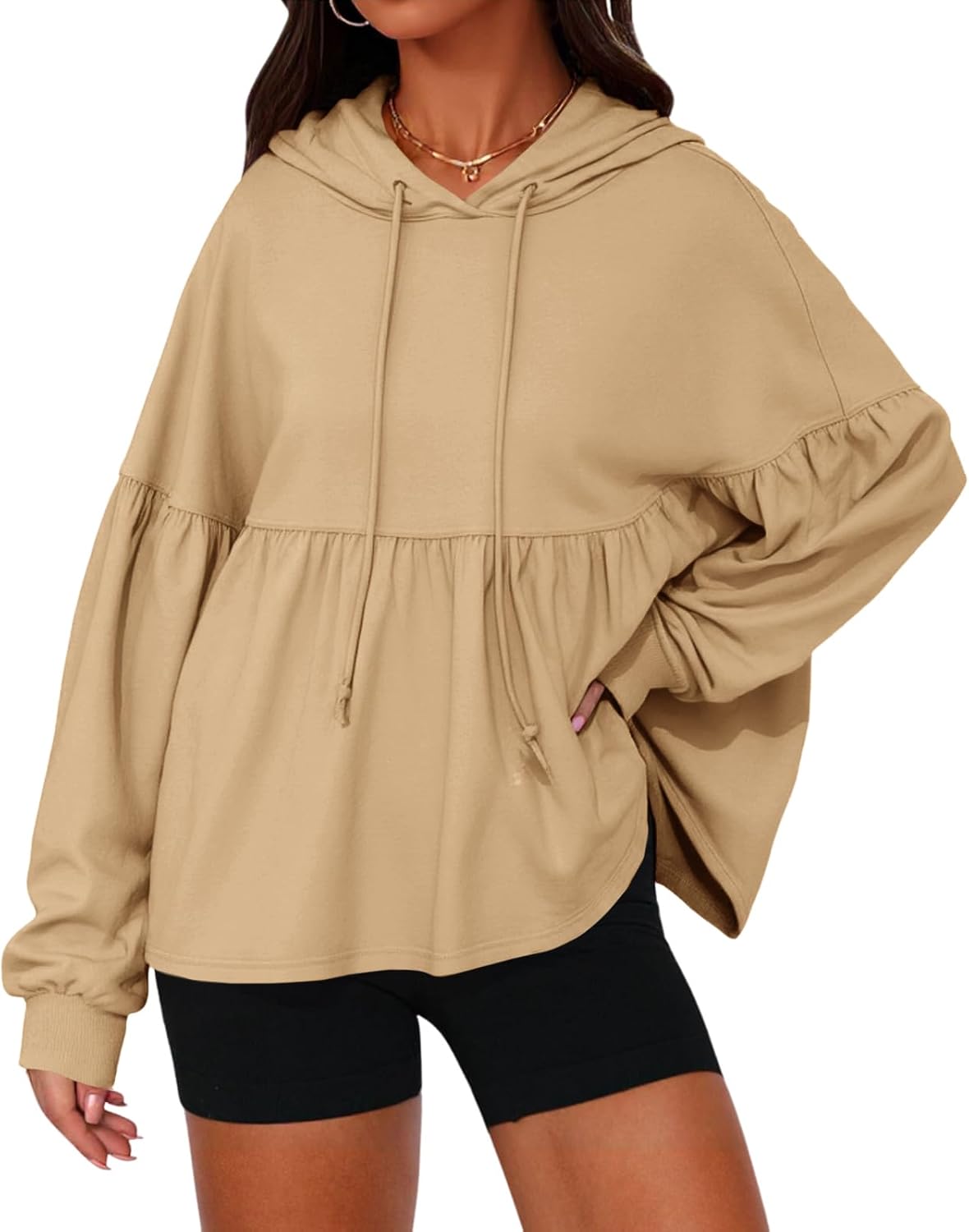 Womens Oversized Hoodies Sweatshirts Casual Lantern Long Sleeve Drawstring Peplum Hem Loose Hooded Pullover Tops