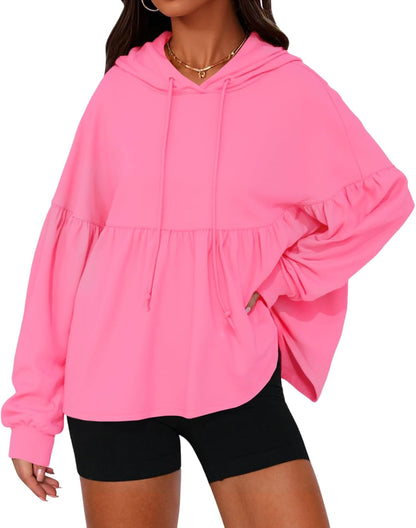 Womens Oversized Hoodies Sweatshirts Casual Lantern Long Sleeve Drawstring Peplum Hem Loose Hooded Pullover Tops