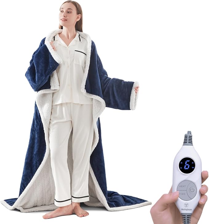 🔥 Wearable Heated Sherpa Blanket with Foot Pocket – Cozy Warmth & Auto Shut-Off