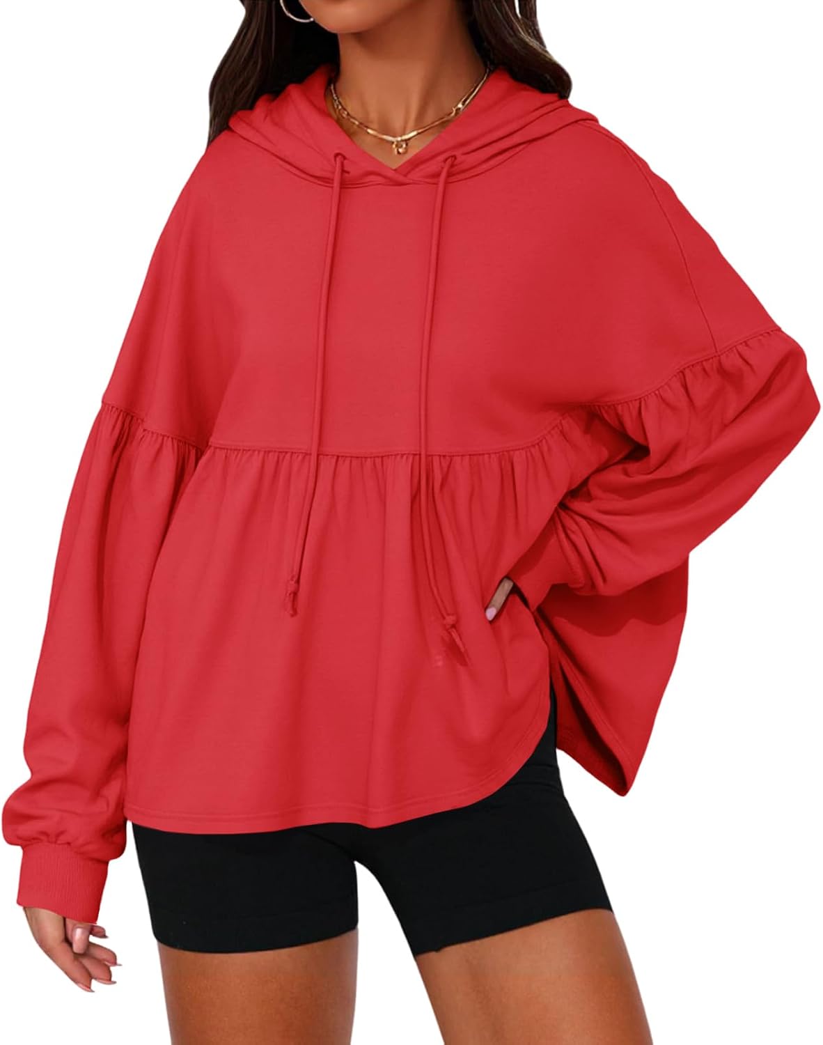 Womens Oversized Hoodies Sweatshirts Casual Lantern Long Sleeve Drawstring Peplum Hem Loose Hooded Pullover Tops