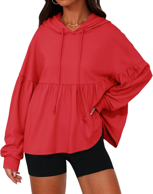 Womens Oversized Hoodies Sweatshirts Casual Lantern Long Sleeve Drawstring Peplum Hem Loose Hooded Pullover Tops