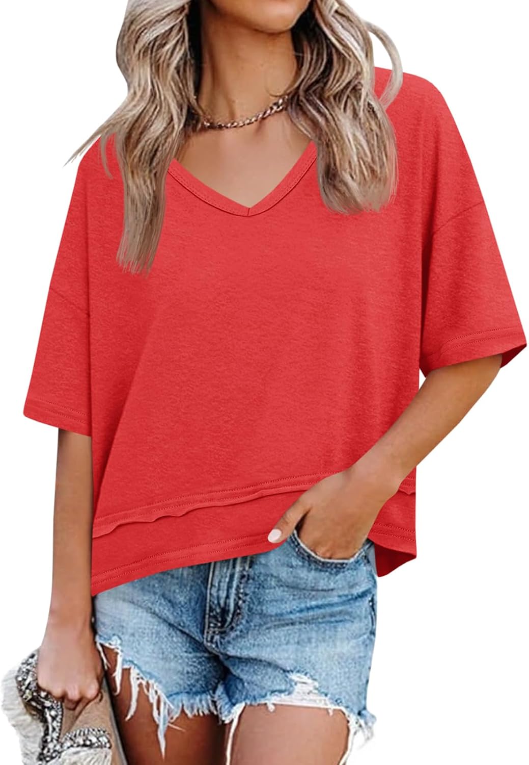 Cicy Bell Womens Summer V Neck T Shirts Loose Fit Oversized Casual Tops | Short sleeve, Spliced hem, Flowy graphic tees,Solid color & Striped print &Polka dot cute basic t-shirts