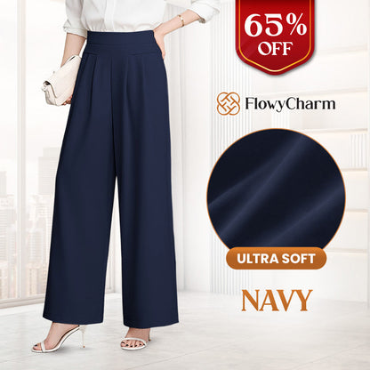 FlowyCharm - Drapey Soft Elegant High-Waisted Wide-Leg Pants.