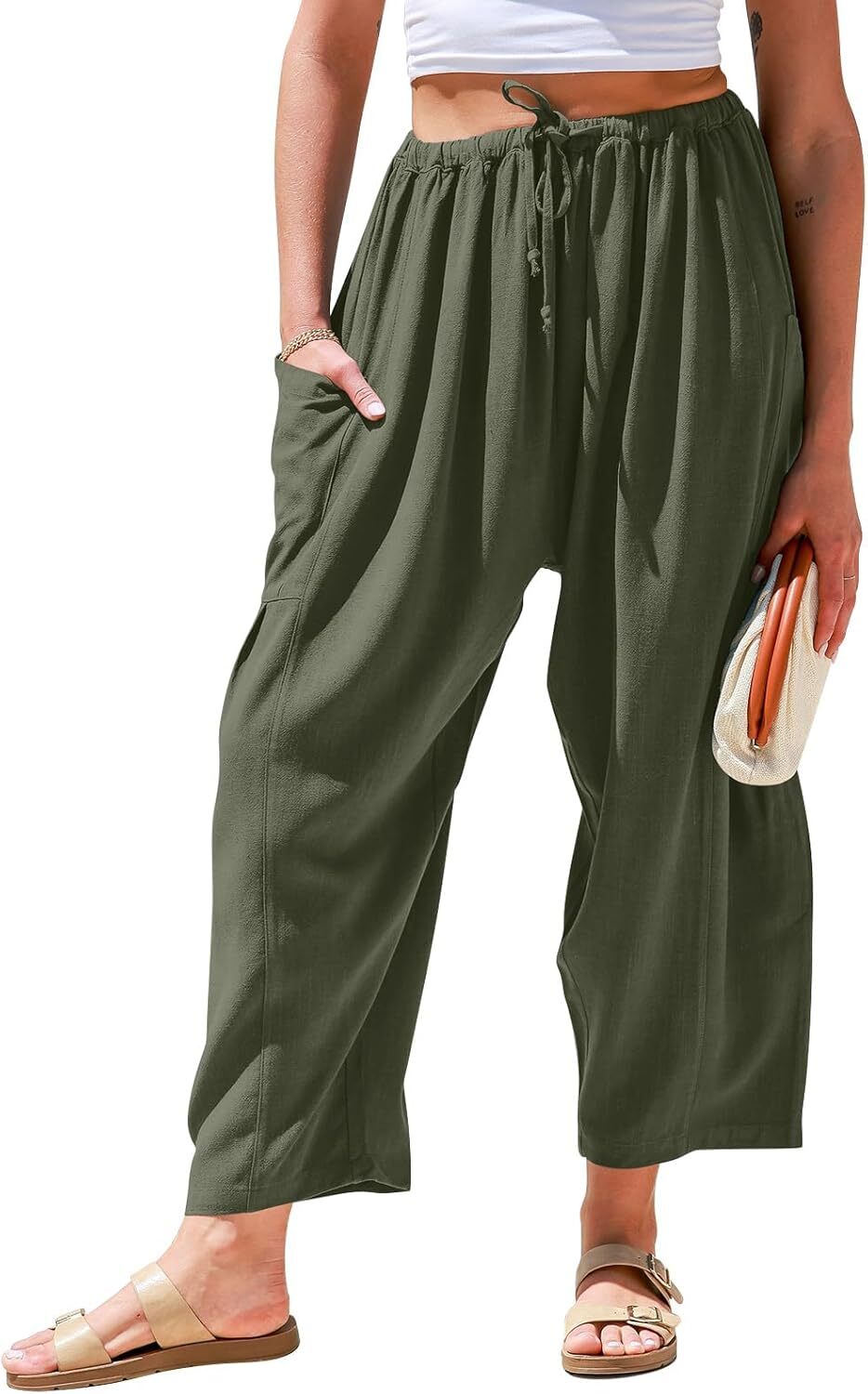 Womens Linen Wide Leg Pants Casual Loose Drawstring Low Waist Beach Palazzo Harem Pants with Pockets.