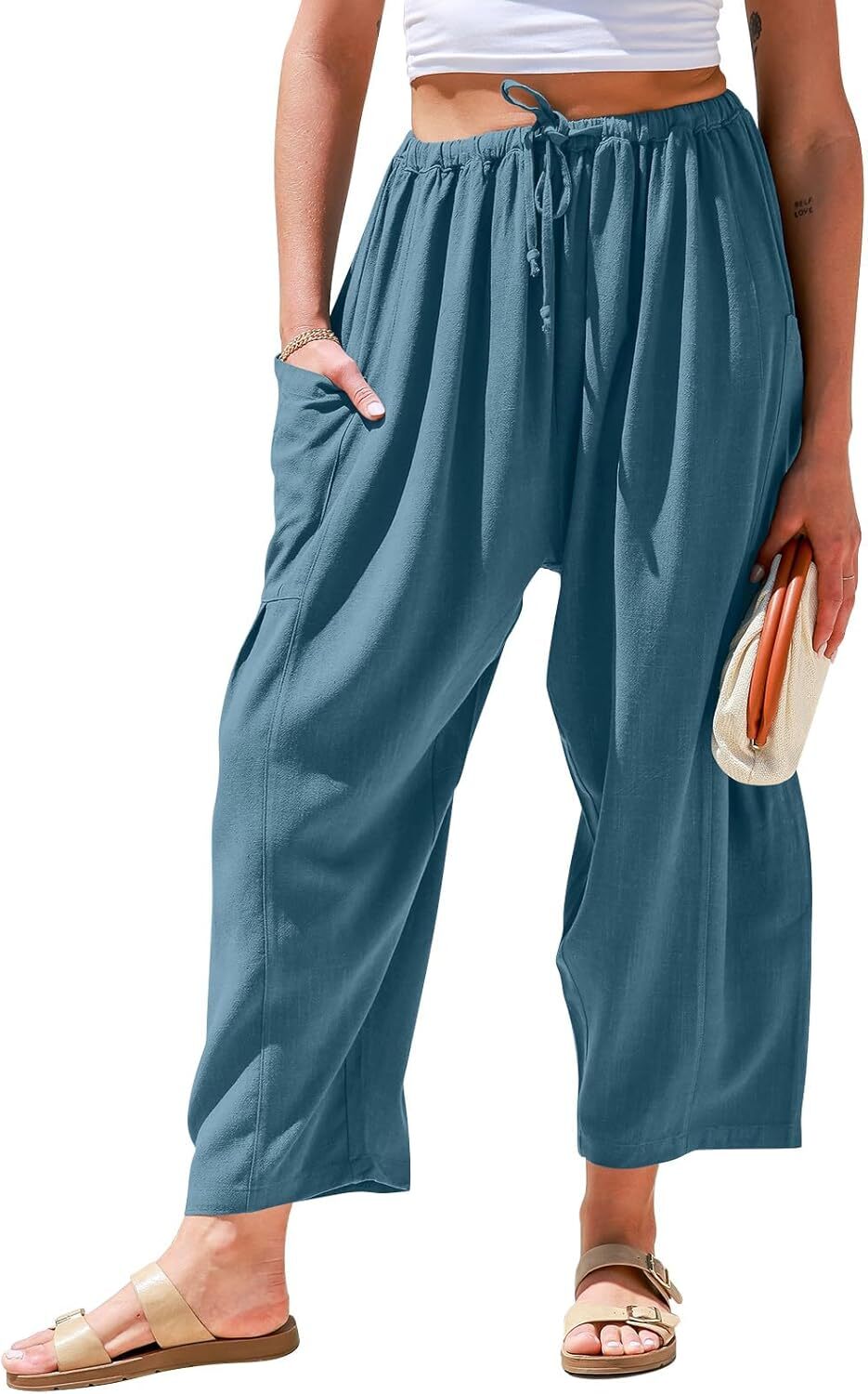 Womens Linen Wide Leg Pants Casual Loose Drawstring Low Waist Beach Palazzo Harem Pants with Pockets.