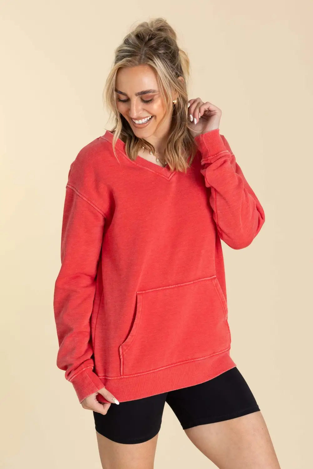 Your Favorite Is Back! Pigment Dyed Cozy Campfire V-Neck Sweatshirt