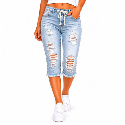 Fashion Distressed Ripped Capri Jeans Plus Size Casual High-Waisted Drawstring Waist Denim Cropped Pants