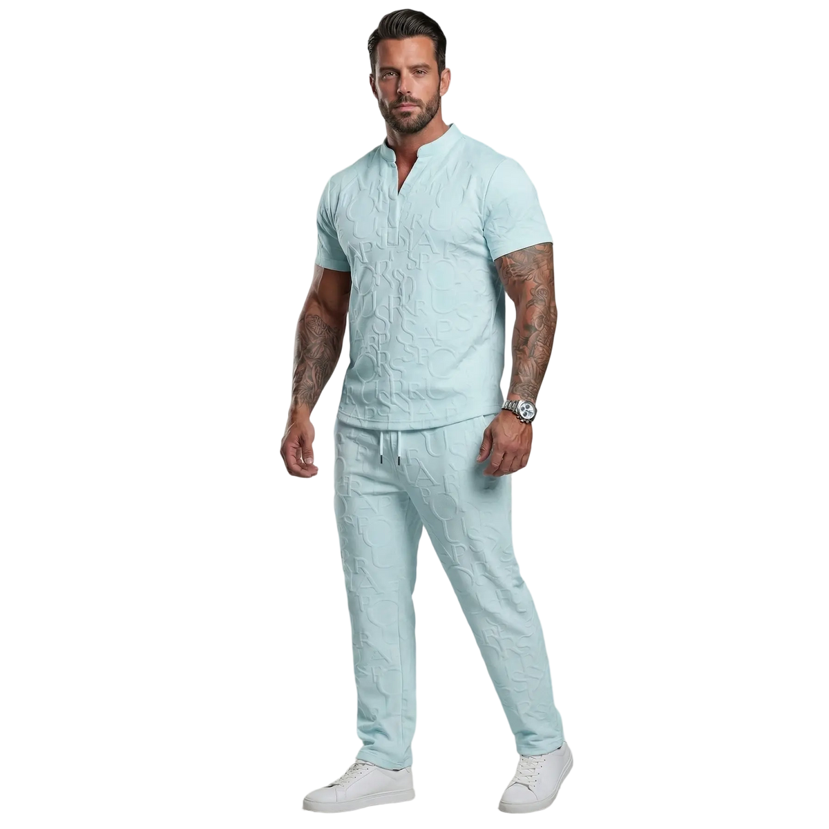 Men's Casual Textured Notched Neck Tee & Regular-Fit Drawstring Trousers