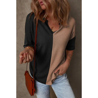 ⏰Last day promotion: Women’s Waffle Knit Summer Tops – Soft Short Sleeve V-Neck Colorblock Casual Shirt