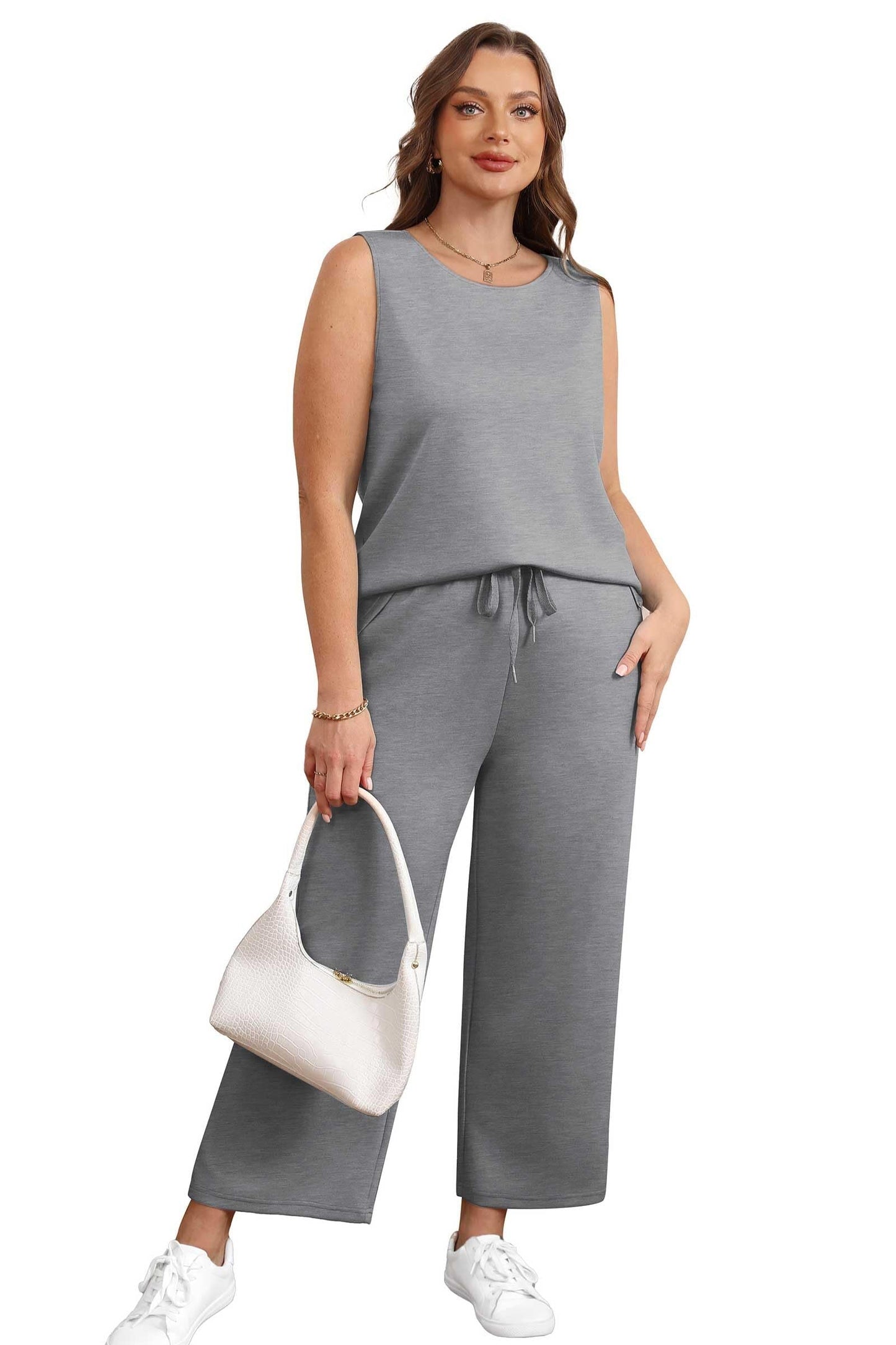 Two Piece Sets for Women Spring/Summer Lounge Sets-Crew neck sleeveless tops with wide leg crop pants