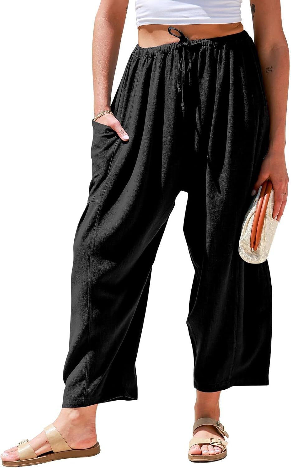 Womens Linen Wide Leg Pants Casual Loose Drawstring Low Waist Beach Palazzo Harem Pants with Pockets.