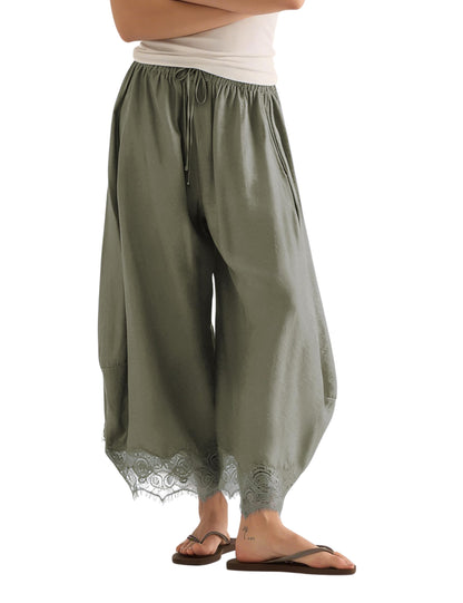 Women’s Lace-Trim Wide-Leg Pants – Lightweight Casual Trousers with Elastic Drawstring Waist