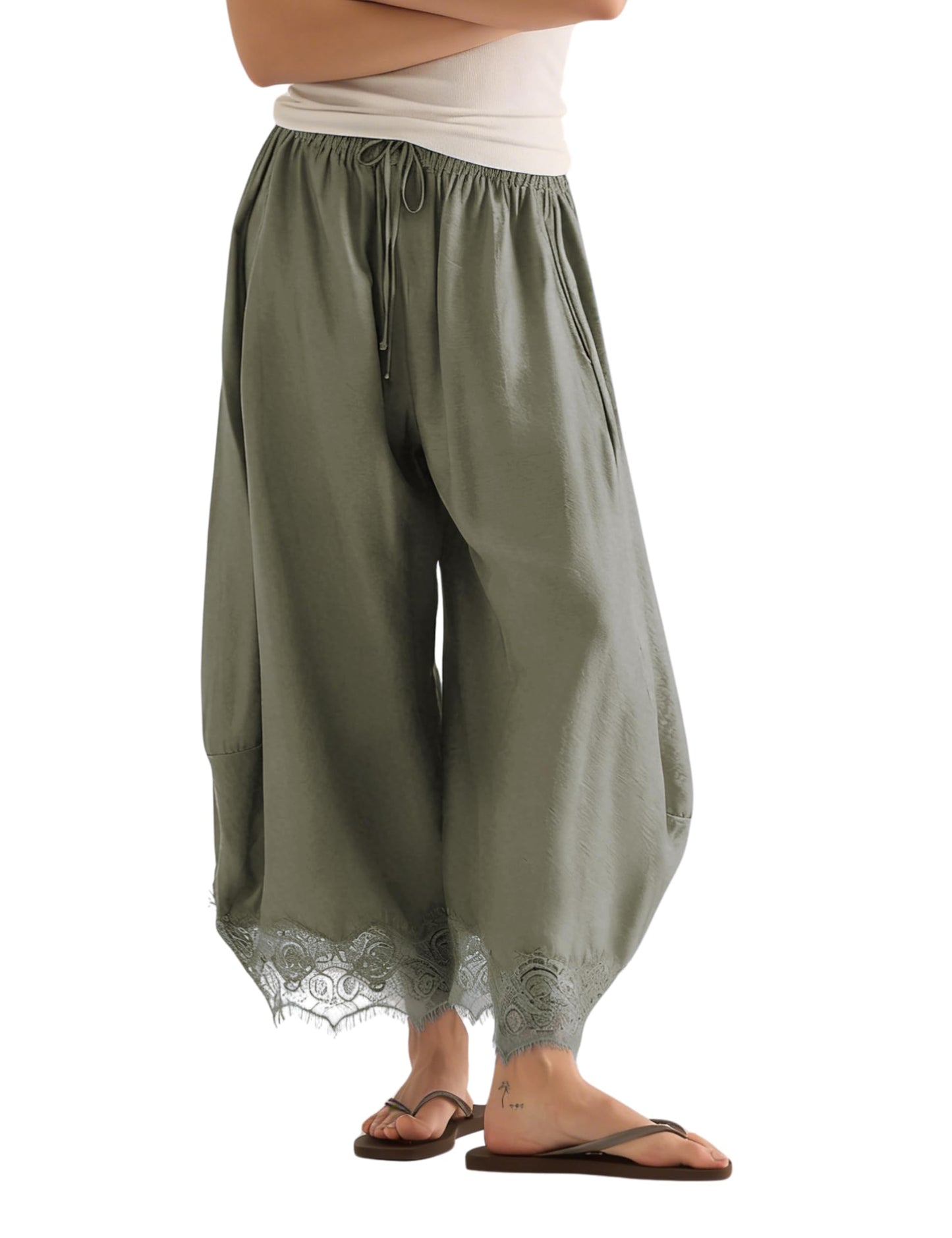 Women’s Lace-Trim Wide-Leg Pants – Lightweight Casual Trousers with Elastic Drawstring Waist