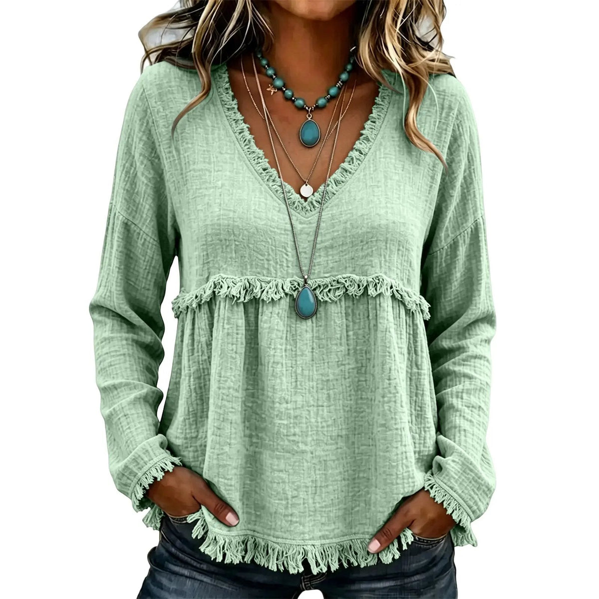 Boho Western Fringe V‑Neck Long Sleeve Blouse, Women Loose Fit Fall Tunic Top
