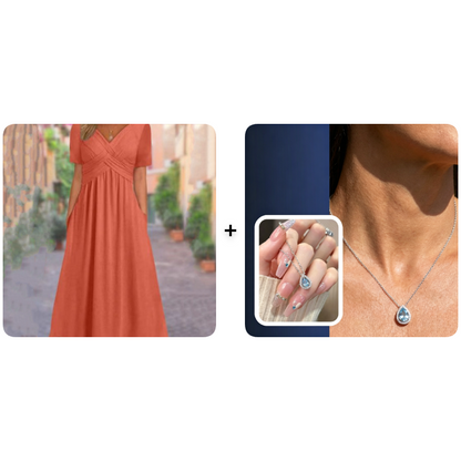 🔥Summer Clearance Sale🔥V-Neck Short Sleeve Dress – Flowy Fit, Timeless Charm