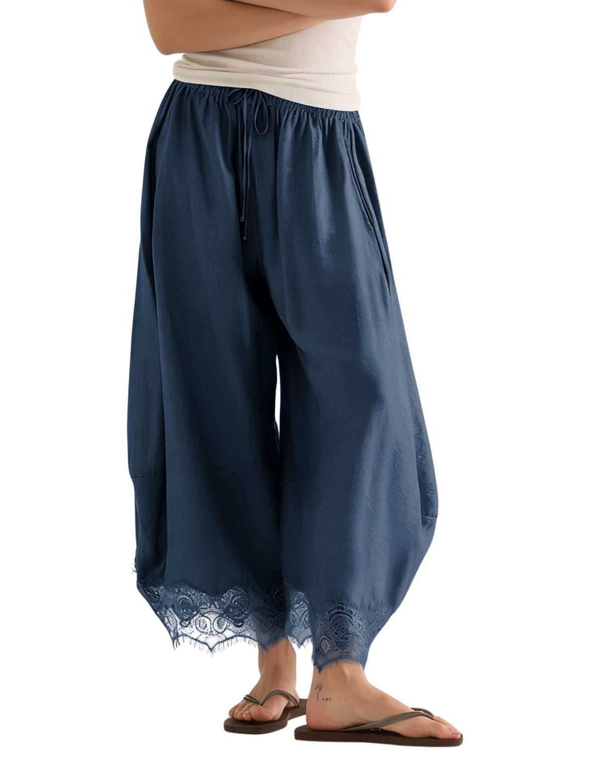 Women’s Lace-Trim Wide-Leg Pants – Lightweight Casual Trousers with Elastic Drawstring Waist