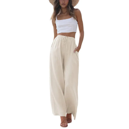 Women's Boho Cotton Linen Wide Leg Pants | High Waist Flowy Beach Palazzo Trousers（1）