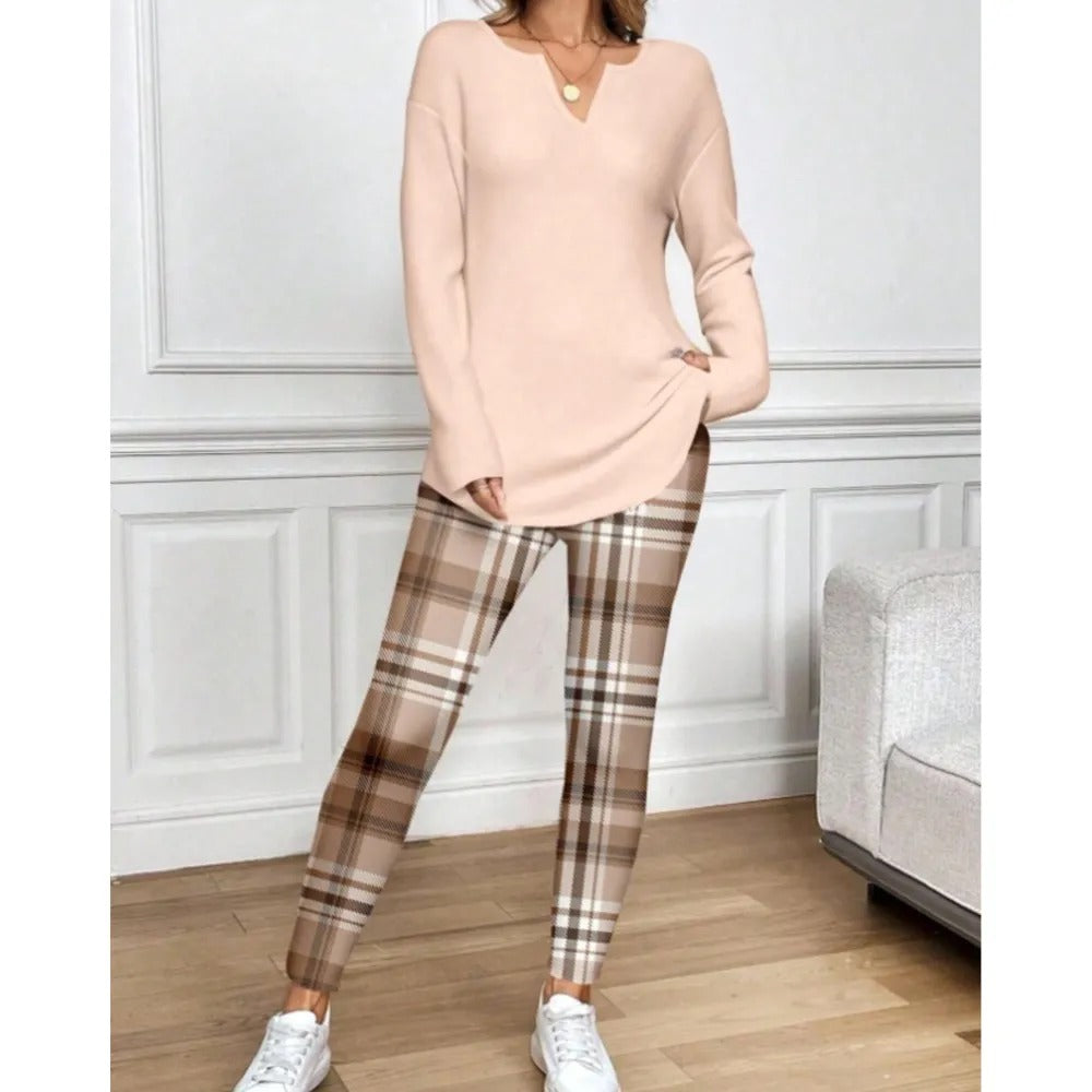 Women's Lounge Set – Long Sleeve Top & Plaid Leggings