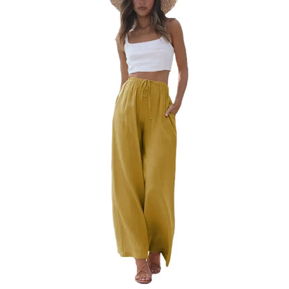Women's Boho Cotton Linen Wide Leg Pants | High Waist Flowy Beach Palazzo Trousers（1）