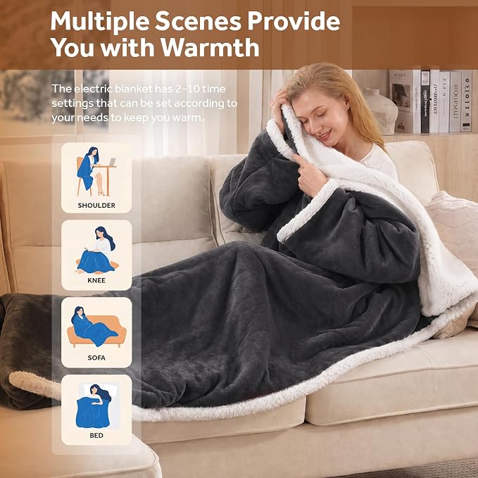 🔥 Wearable Heated Sherpa Blanket with Foot Pocket – Cozy Warmth & Auto Shut-Off