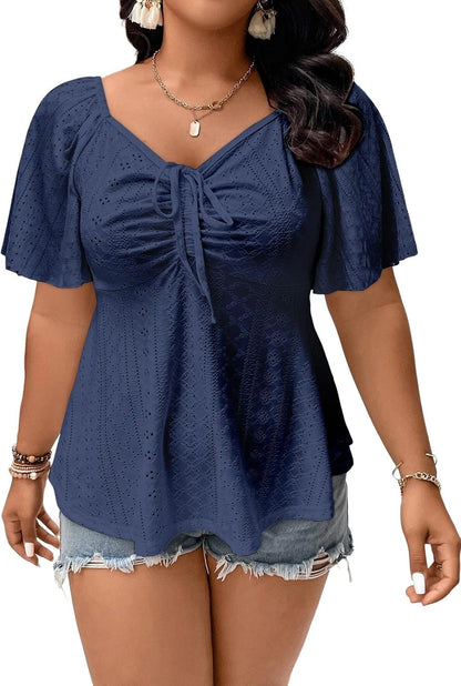 🔥 END-OF-SEASON SALE-Womens Plus Size Tops Sweetheart Neck Short Sleeve Eyelet Embroidery Summer Loose Peplum Shirts(1X-5X)
