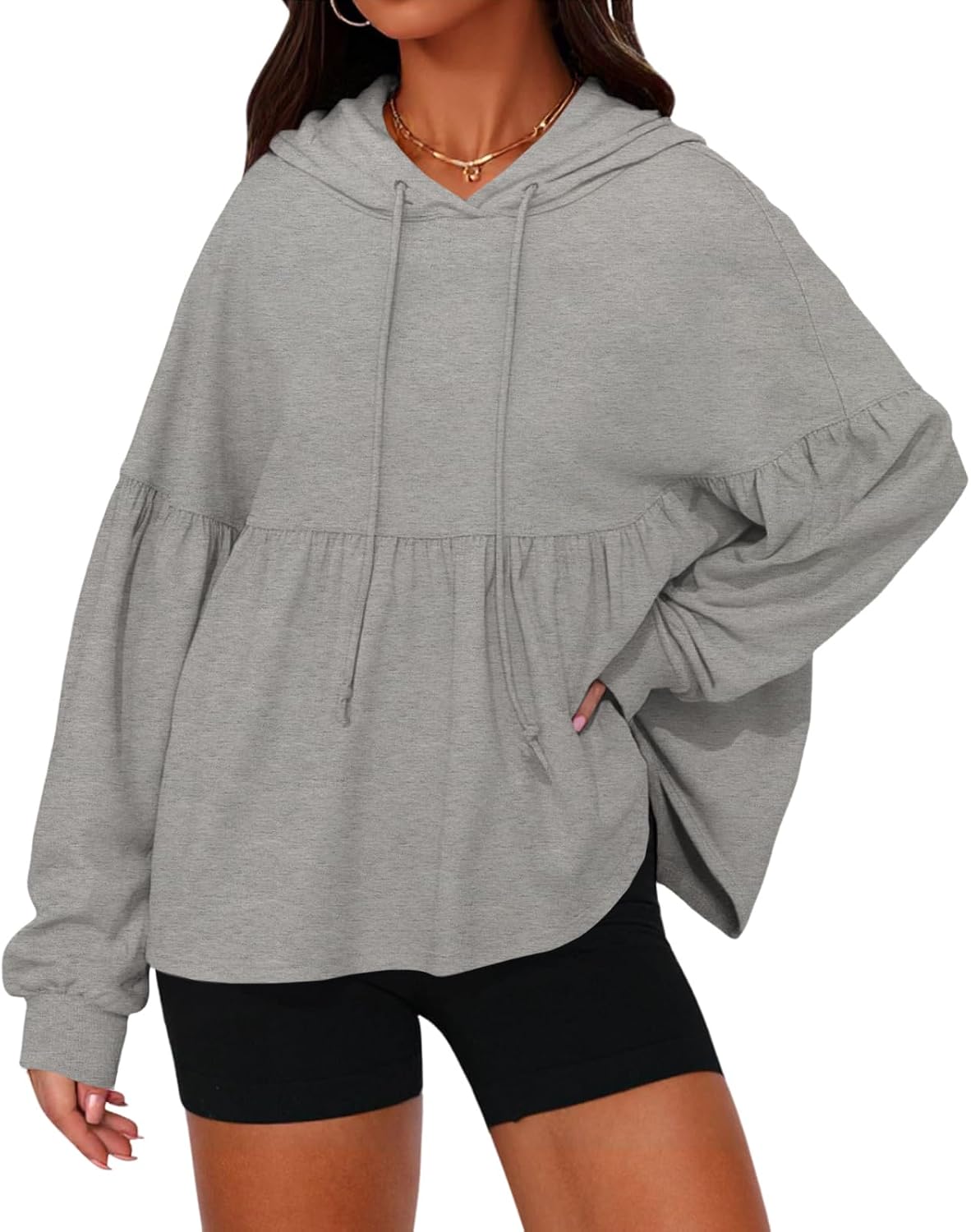 Womens Oversized Hoodies Sweatshirts Casual Lantern Long Sleeve Drawstring Peplum Hem Loose Hooded Pullover Tops