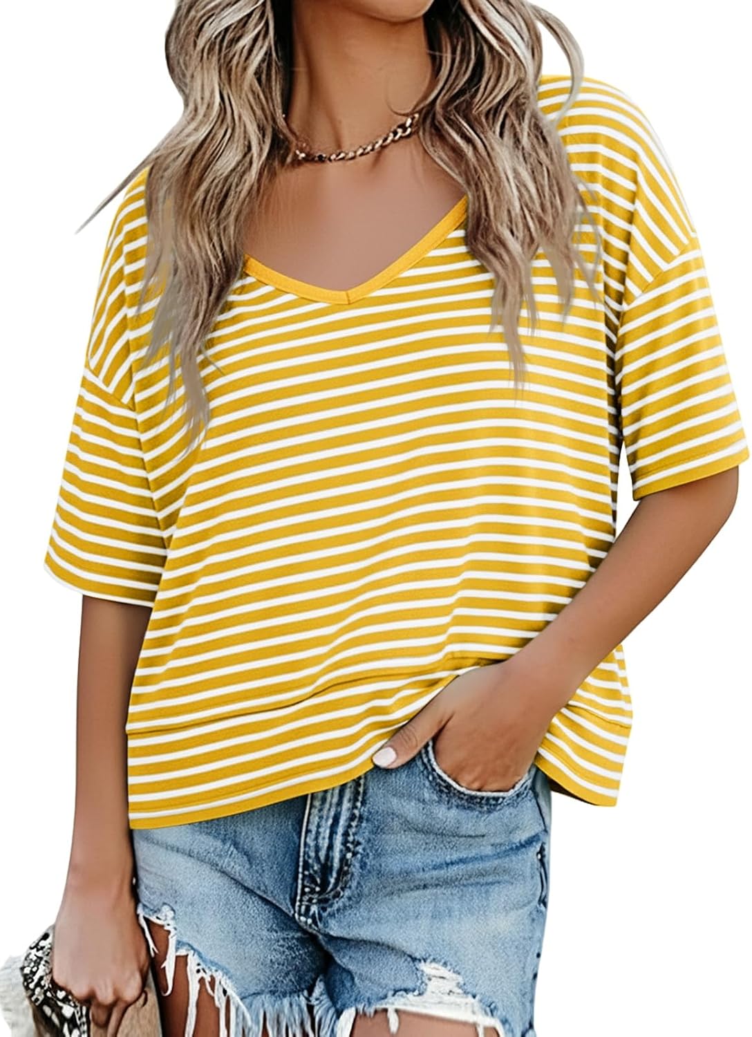 Cicy Bell Womens Summer V Neck T Shirts Loose Fit Oversized Casual Tops | Short sleeve, Spliced hem, Flowy graphic tees,Solid color & Striped print &Polka dot cute basic t-shirts