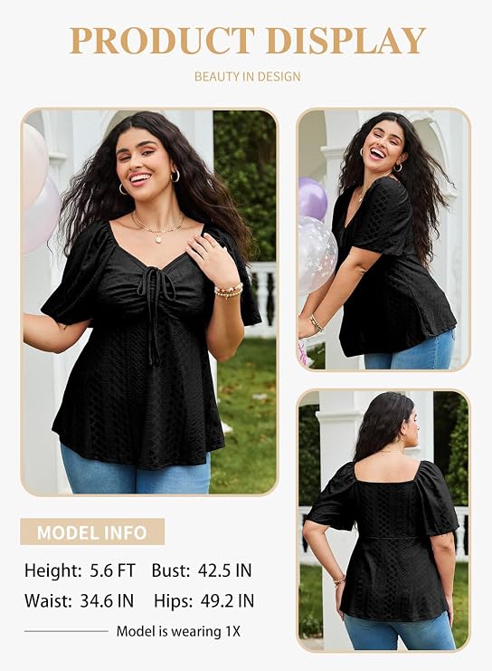 🔥 END-OF-SEASON SALE-Womens Plus Size Tops Sweetheart Neck Short Sleeve Eyelet Embroidery Summer Loose Peplum Shirts(1X-5X)