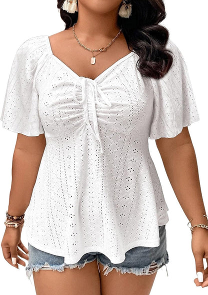 🔥 END-OF-SEASON SALE-Womens Plus Size Tops Sweetheart Neck Short Sleeve Eyelet Embroidery Summer Loose Peplum Shirts(1X-5X)