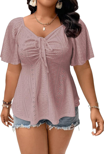 🔥 END-OF-SEASON SALE-Womens Plus Size Tops Sweetheart Neck Short Sleeve Eyelet Embroidery Summer Loose Peplum Shirts(1X-5X)