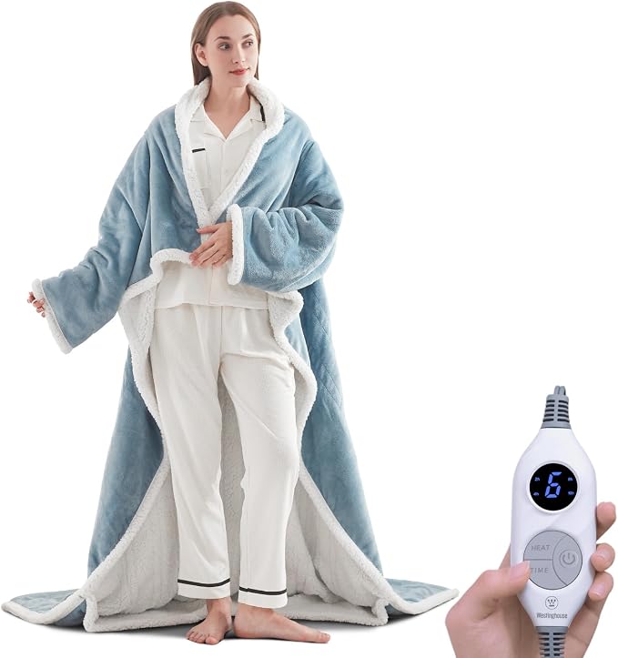 🔥 Wearable Heated Sherpa Blanket with Foot Pocket – Cozy Warmth & Auto Shut-Off