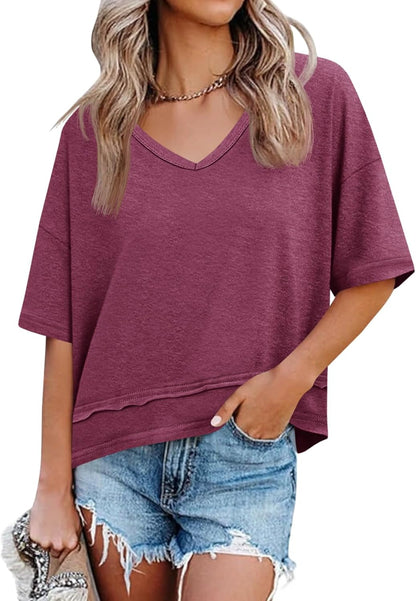 Cicy Bell Womens Summer V Neck T Shirts Loose Fit Oversized Casual Tops | Short sleeve, Spliced hem, Flowy graphic tees,Solid color & Striped print &Polka dot cute basic t-shirts