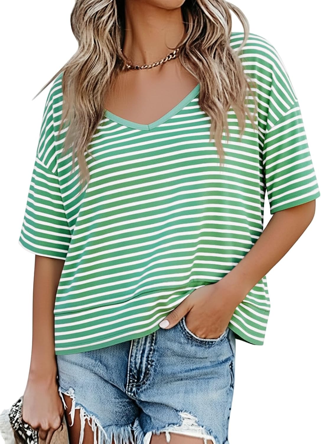 Cicy Bell Womens Summer V Neck T Shirts Loose Fit Oversized Casual Tops | Short sleeve, Spliced hem, Flowy graphic tees,Solid color & Striped print &Polka dot cute basic t-shirts
