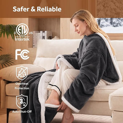 🔥 Wearable Heated Sherpa Blanket with Foot Pocket – Cozy Warmth & Auto Shut-Off