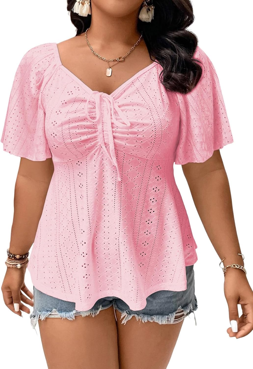 🔥 END-OF-SEASON SALE-Womens Plus Size Tops Sweetheart Neck Short Sleeve Eyelet Embroidery Summer Loose Peplum Shirts(1X-5X)