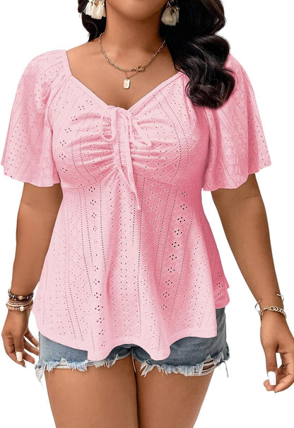 🔥 END-OF-SEASON SALE-Womens Plus Size Tops Sweetheart Neck Short Sleeve Eyelet Embroidery Summer Loose Peplum Shirts(1X-5X)