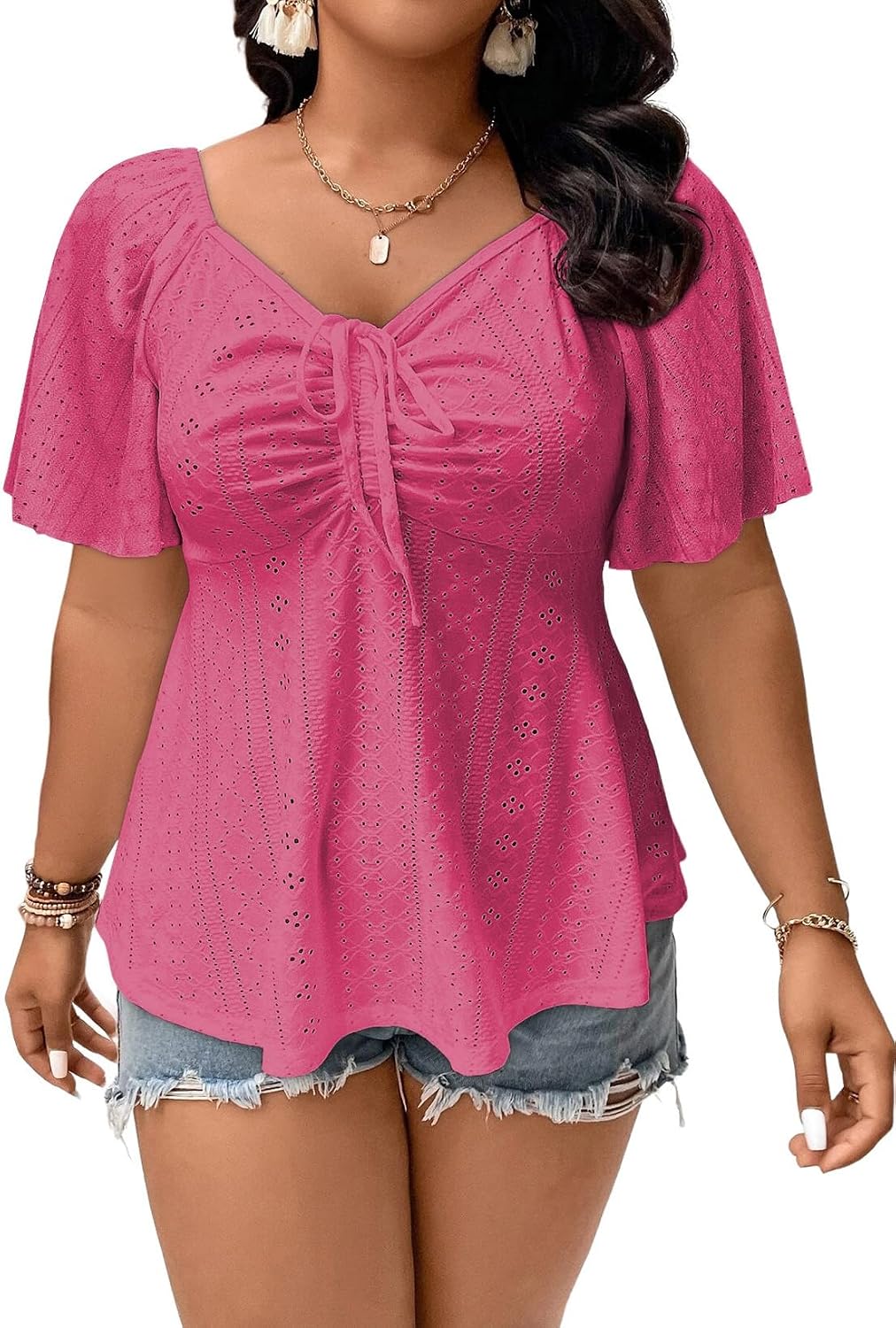 🔥 END-OF-SEASON SALE-Womens Plus Size Tops Sweetheart Neck Short Sleeve Eyelet Embroidery Summer Loose Peplum Shirts(1X-5X)