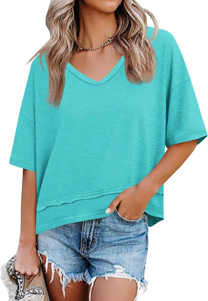 Cicy Bell Womens Summer V Neck T Shirts Loose Fit Oversized Casual Tops | Short sleeve, Spliced hem, Flowy graphic tees,Solid color & Striped print &Polka dot cute basic t-shirts